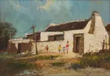Christopher Tugwell, Figures Outside House, oil on canvas laid down on board