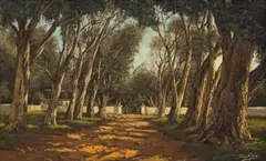 Tinus de Jongh, Avenue of Blue Gums, Cape, oil on canvas