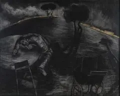 The Fable of Abel on the Table by Toni-Ann Ballenden, charcoal, pastel and collage on paper, offered Feb 2023