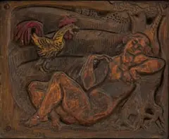 Zoltan Borbereki, Nude with Rooster, incised wood panel