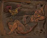 Nude with Rooster by Zoltan Borbereki, incised wood panel, offered Feb 2023