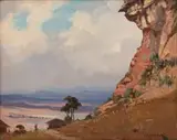 Huts on a Mountainside by Willem Hermanus Coetzer, oil on board, offered Feb 2023
