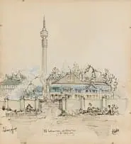 Arthur Edward Cantrell, Old Parktown Houses with Hillbrow Tower in the Background, mixed media on paper