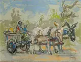 Gregoire Boonzaier, Twee Donkies en Karretjie (Two Donkeys and Cart), pastel on glasspaper