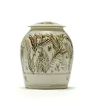 Porcelain Lidded Jar by Esias Bosch, porcelain with white glaze and cobalt and iron decoration, sold Feb 2023