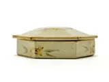 Hexagonal Box and Lid by Esias Bosch, slab-built stoneware with wood-ash glaze and iron and cobalt decoration, sold Feb 2023