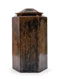 Large Lidded Hexagonal Jar by Esias Bosch, stoneware with dark green granite glaze, iron decoration and incised pattern, offered Feb 2023