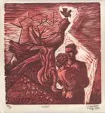 Peter Clarke, Lovers, woodcut on tissue paper laid down on card