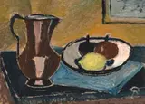 Still Life with Jug, Fruit and Book by Pranas Domšaitis, oil on baord, sold Mar 2023