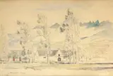 By Stellenbosch by Jacobus Hendrik Pierneef, watercolour and pencil on paper laid down on board, sold Mar 2023