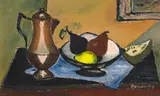 Still Life with Coffee Pot and Bowl of Fruit by Pranas Domšaitis, oil on cardboard, sold Mar 2023