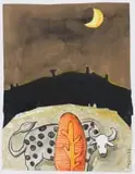 Colbert Mashile, Cow and Crescent Moon, watercolour on paper