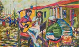 Judas Mahlangu, Guitar Player, mixed media on canvas laid down on board