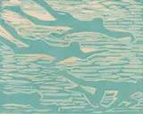 Peter Clarke, Swimmers, colour woodcut on paper