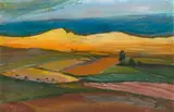 Pranas Domšaitis, Landscape with Fields, oil on board