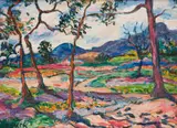 Kenneth Baker, Trees and Mountains in a Landscape, oil on board