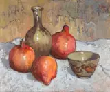Conrad Theys, Granate en Keramiek (Pomegranates and Ceramics), oil on canvas