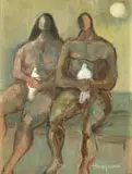 Amos Langdown, Two Figures with Doves, oil on canvas laid down on board
