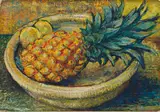 Pineapple with Lemon in a Bowl by Zakkie Eloff, oil on canvas laid down on board, sold Mar 2023