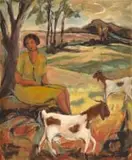 Marena (Kaffie) Pretorius, Woman and Goats in Landscape, oil on canvas