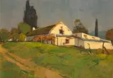 Piet van Heerden, Houses in a Landscape, oil on canvas laid down on board