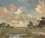 Ooplandskap met Wolke, Kenilworth K.P ( Open Landscape with Clouds, Kenilworth, Cape) by Gregoire Boonzaier, oil on canvas, sold Mar 2023
