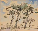 Dennebome, Kenilworth, Kaap (Fir Trees, Kenilworth, Cape) by Gregoire Boonzaier, fibre-tip pen and watercolour on card, sold Mar 2023