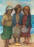 Amos Langdown, Three Woman on the Beach, oil on board