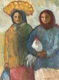 Amos Langdown, Two Women with a Chicken, oil on baord