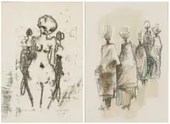 Ernest Ullmann, Nude; Figures with Pots, two, charcoal and watercolour on paper