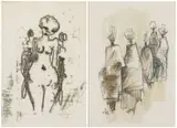 Ernest Ullmann, Nude; Figures with Pots, two, charcoal and watercolour on paper