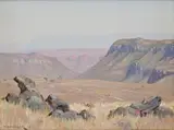 Mountainous Landscape by Willem Hermanus Coetzer, oil on board, sold Mar 2023