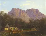 Tinus de Jongh, House, Trees and Mountains Beyond, oil on canvas