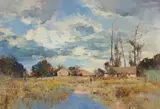 Buildings in a Landscape by Errol Boyley, oil on board, sold Mar 2023