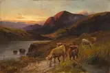 Charles W. Oswald, Highland Cattle by a Loch, oil on canvas