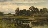 John Horace Hooper, A Village by a River, oil on canvas