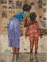 Andrew Ntshabele, The Stories We're Told, Mixed media, documents, acrylic and enamel on unstretched canvas