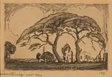 Jacobus Hendrik Pierneef, Camel Thorn Tree and Voortrekker House, etching on paper