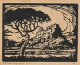 Berglandskap S.W.A. (Nilant 118) by Jacobus Hendrik Pierneef, linocut on paper, sold Nov 2022