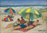 Neville Lewis, Beach Scene, oil on canvas laid down of board