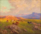 Allerley Glossop, Cattle with Snow-Capped Mountains, oil on canvas laid down on board