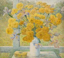 Mark D Phillips, Still Life with Vase of Chrysanthemums and Irises, oil on board