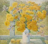 Mark D Phillips, Still Life with Vase of Chrysanthemums and Irises, oil on board