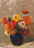 Adriaan Boshoff, Zinnias In A Blue Vase