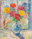 François Krige, Zinnias by an Open Window, oil on board