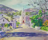Gerhard Batha, Street Scene with Church, oil on canvas laid down on board