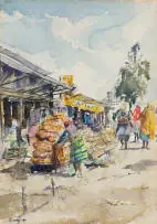 Durant Sihlali, Veg and Fruits Stalls (Kliptown), watercolour on paper