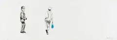 Nelson Makamo, Two Figures and Blue Bag, pen and ink on paper