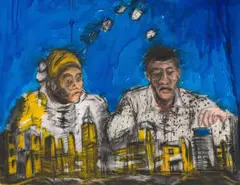 Senzo Shabangu, Woman and Man with Cityscape, watercolour and charcoal on paper