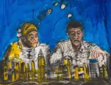 Senzo Shabangu, Woman and Man with Cityscape, watercolour and charcoal on paper
